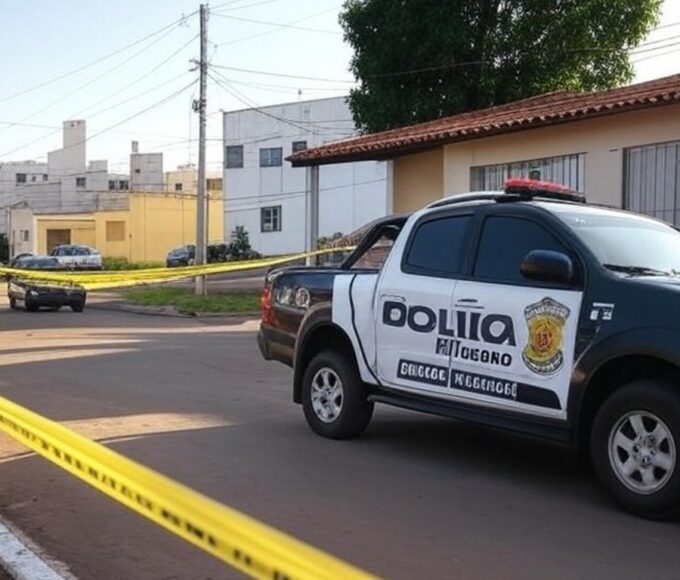 Cena de crime isolada por fita policial em rua residencial de Goiânia, com viatura da PM ao lado.