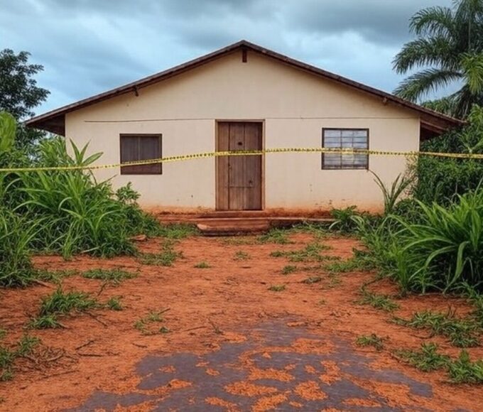 Casa isolada em Britânia, Goiás, com fita de cena de crime, representando local de assassinato confessado.