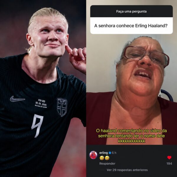 Senhora viraliza no Instagram ao não saber pronunciar nome de Erling Haaland e jogador comenta. — Foto: Reprodução/Instagram e Paulo Henrique Dias/Arquivo Pessoal