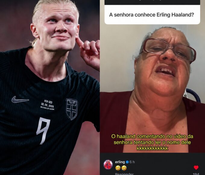 Senhora viraliza no Instagram ao não saber pronunciar nome de Erling Haaland e jogador comenta. — Foto: Reprodução/Instagram e Paulo Henrique Dias/Arquivo Pessoal